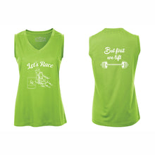 Load image into Gallery viewer, LADIES' PRO TEAM SLEEVELESS V-NECK TEE - L3527 - LET'S RACE - HP "BUT FIRST WE LIFT"