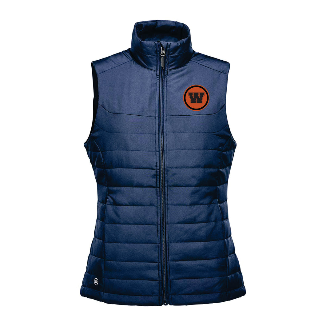 WOMENS PUFFER VEST W/LEATHER PATCH