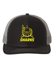 Load image into Gallery viewer, BLACK/CHARCOAL CURVED BRIM HAT - SHARKS LOGO